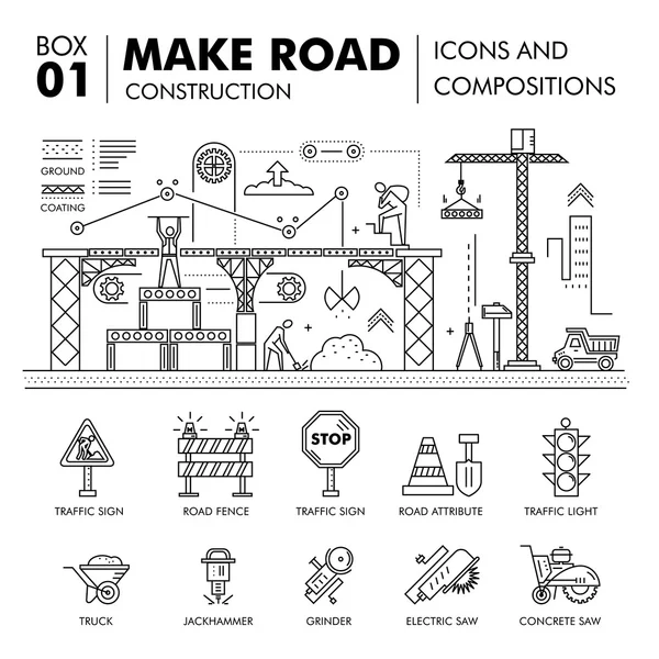 Modern compositions building road construction thin line block — Stock vektor