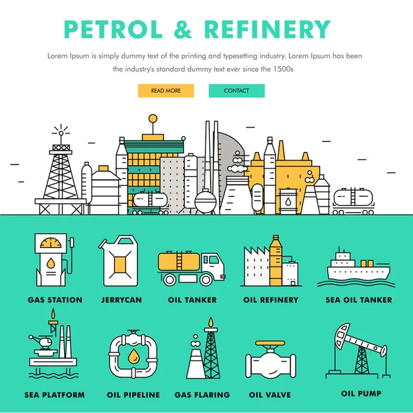 Modern petrol industry thin block line flat color icons — Stockvector