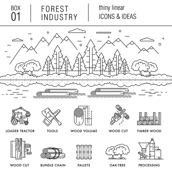 Industria forestal en estilo lineal delgado moderno con varias maderas — Vector de stock