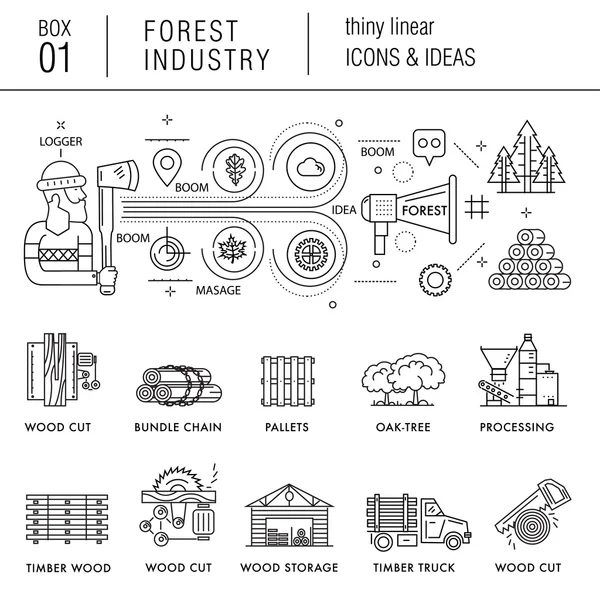 Industri hutan dalam gaya linier tipis modern dengan berbagai macam kayu - Stok Vektor