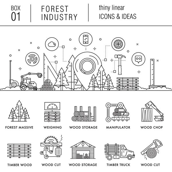 Forest industry in modern thin linear style with various timber — Stock Vector