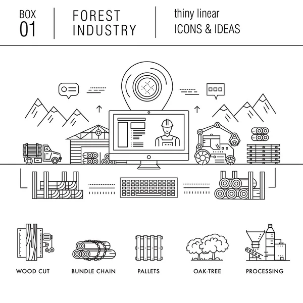 Industrie forestière dans le style linéaire mince moderne avec divers bois — Image vectorielle