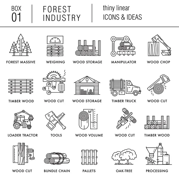 Forest industry in modern thin linear style with various timber — Stock Vector