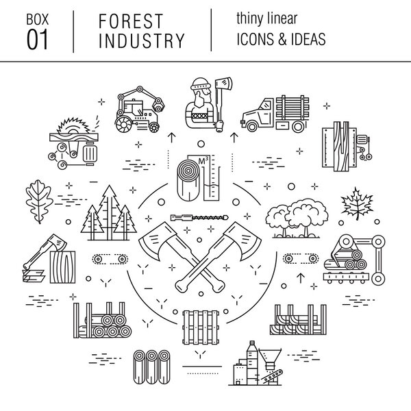 Forest industry in modern thin linear style with various timber 