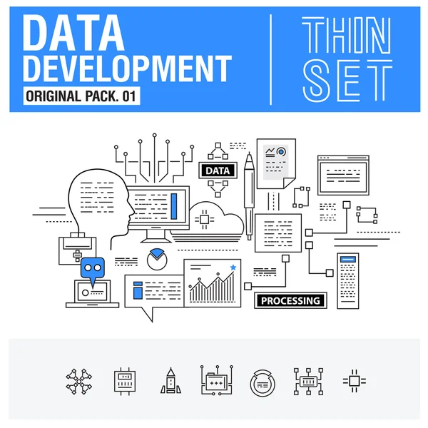 Nuevos iconos de línea delgada moderna conjunto de análisis de datos de desarrollo — Vector de stock