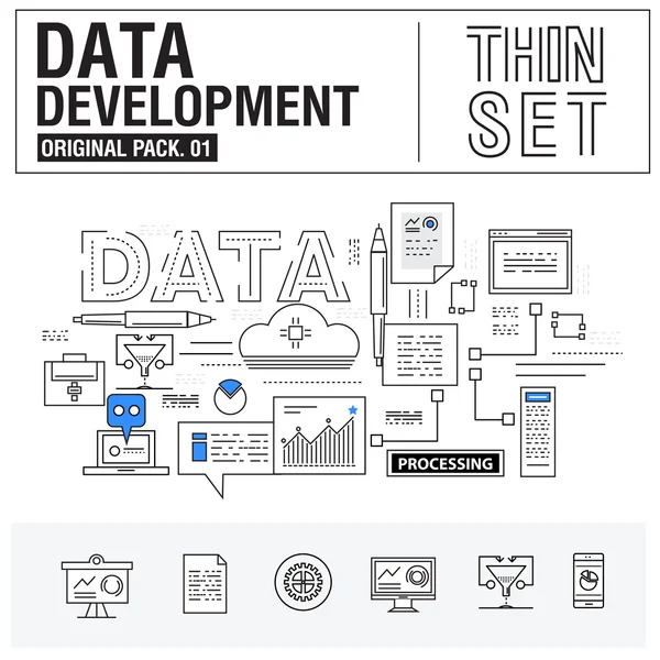 Új modern vékony vonal ikonok beállítása fejlesztési adatok elemzése — Stock Vector