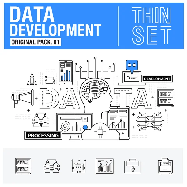 Új modern vékony vonal ikonok beállítása fejlesztési adatok elemzése — Stock Vector