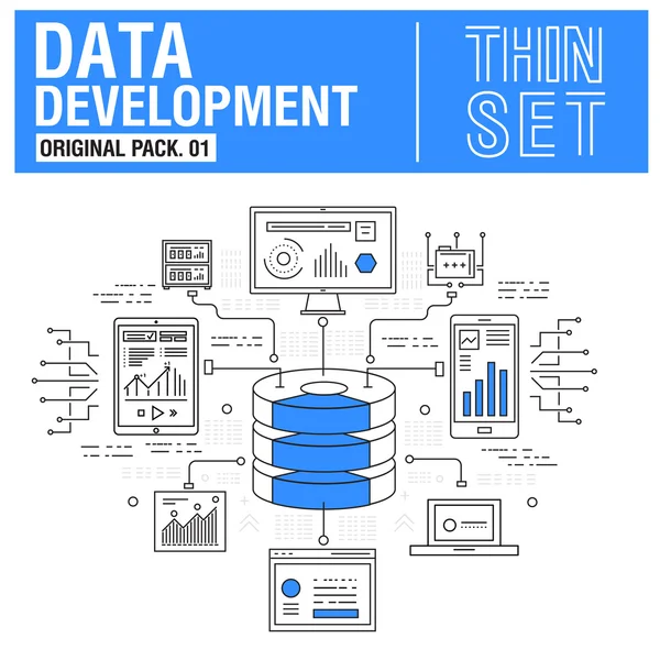 Nuevos iconos de línea delgada moderna conjunto de análisis de datos de desarrollo — Archivo Imágenes Vectoriales