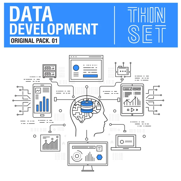 Új modern vékony vonal ikonok beállítása fejlesztési adatok elemzése — Stock Vector