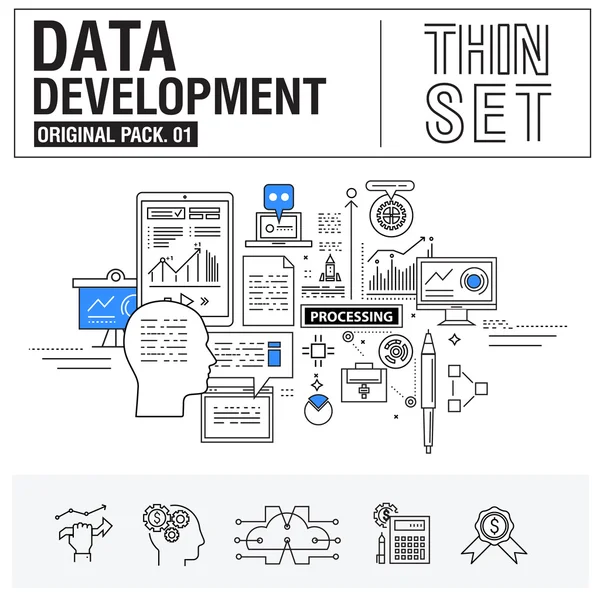 Novos ícones de linha fina moderna definir análise de dados de desenvolvimento — Vetor de Stock