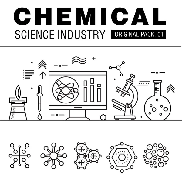 现代化学科学产业。细线图标设置生物技术。实验室设置与全球工业元素的集合。保费质量的矢量符号。Web 设计中风象形图. — 图库矢量图片