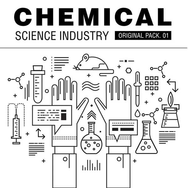 现代化学科学产业。细线图标设置生物技术。实验室设置与全球工业元素的集合。保费质量的矢量符号。Web 设计中风象形图. — 图库矢量图片