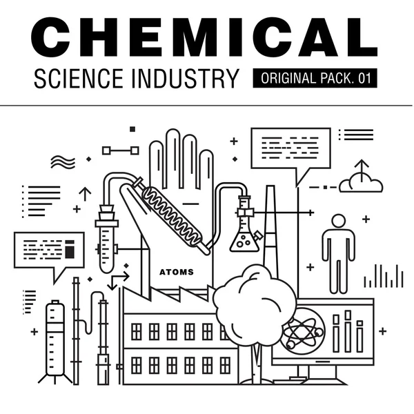 现代化学科学产业。细线图标设置生物技术。实验室设置与全球工业元素的集合。保费质量的矢量符号。Web 设计中风象形图. — 图库矢量图片