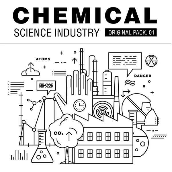 现代化学科学产业。细线图标设置生物技术。实验室设置与全球工业元素的集合。保费质量的矢量符号。Web 设计中风象形图. — 图库矢量图片