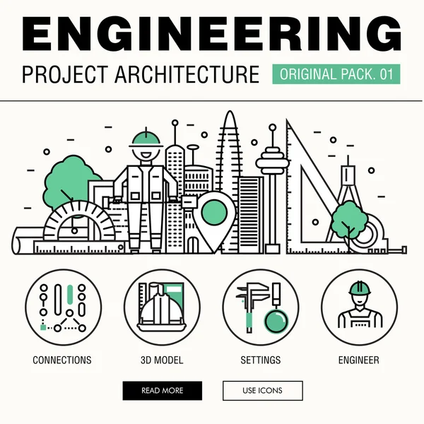 Construção de engenharia moderna big pack. Ícones de linha fina archit — Vetor de Stock