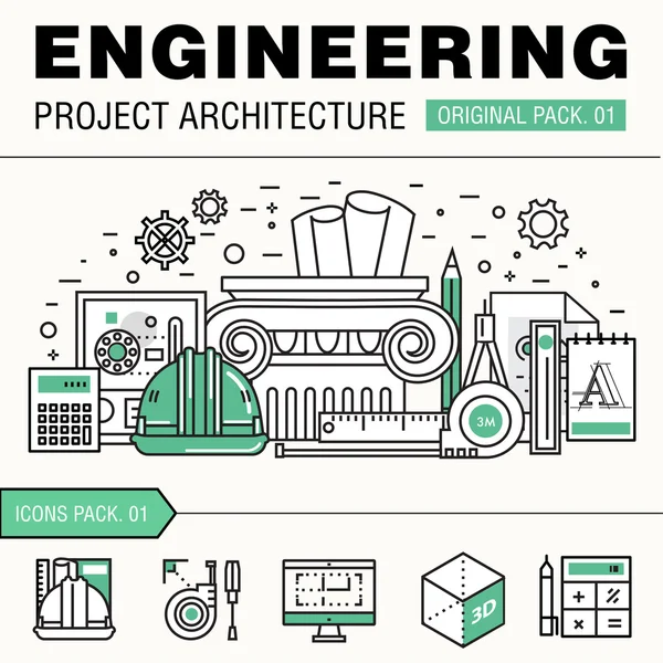 Costruzione di ingegneria moderna big pack. Linea sottile icone archit — Vettoriale Stock