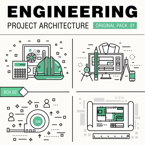 Construção de engenharia moderna big pack. Ícones de linha fina archit — Vetor de Stock