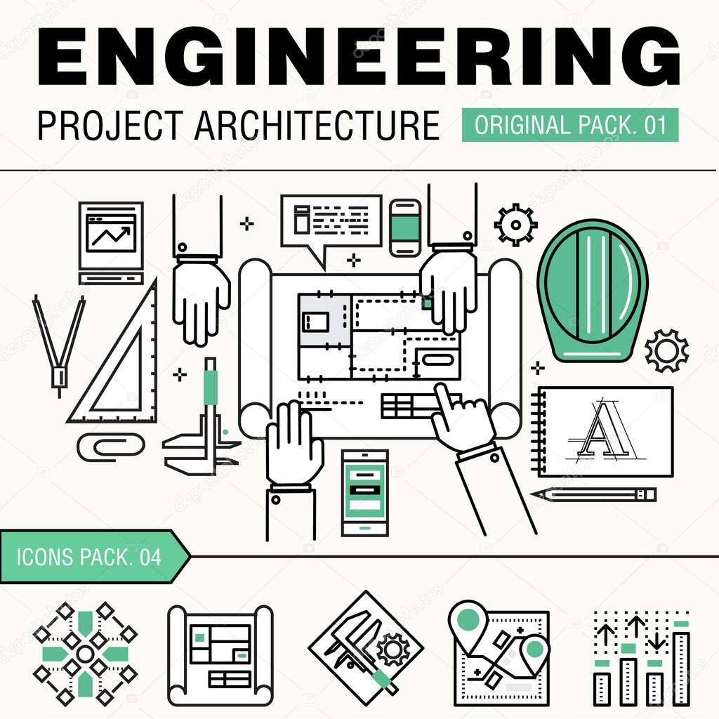 Modern engineering construction big pack. Thin line icons archit