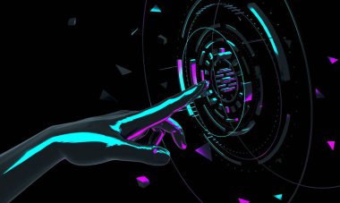 Geleceğe dokun. İnsanları ve robotları birbirine bağlayan yenilik sistemleri. Otomatik sayborg sistemlerindeki ve bilgisayar endüstrisindeki teknolojiler müthiş internet gelişmelerinden. 3d geometri çizimi