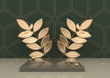 Yeşil arka planda çiçek unsurları olan podyum. Moda kozmetiği için gösteri platformu ve deneyimli kompozisyonlar. Altın desenli harika Studia renk paleti. 3d oluşturma