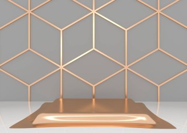 Yeşil arka planda çiçek unsurları olan podyum. Moda kozmetiği için gösteri platformu ve deneyimli kompozisyonlar. Altın desenli harika Studia renk paleti. 3d oluşturma