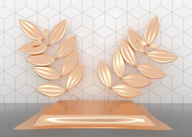 Yeşil arka planda çiçek unsurları olan podyum. Moda kozmetiği için gösteri platformu ve deneyimli kompozisyonlar. Altın desenli harika Studia renk paleti. 3d oluşturma