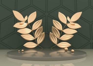 Yeşil arka planda çiçek unsurları olan podyum. Moda kozmetiği için gösteri platformu ve deneyimli kompozisyonlar. Altın desenli harika Studia renk paleti. 3d oluşturma