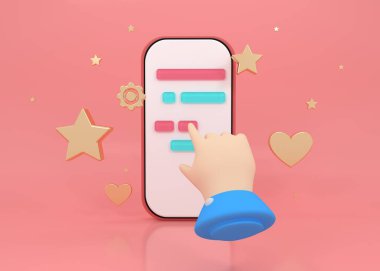 3d web ekran yöneticisi sosyal uygulamaları, internet teknolojisi, Caroline platformu, gelecekteki iletişim sistemlerinden web konsepti. Akıllı aygıtla sohbet et. Akıllı telefon kripto sanat grafikleri. 3d illüstrasyon