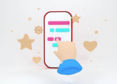 3d web ekran yöneticisi sosyal uygulamaları, internet teknolojisi, Caroline platformu, gelecekteki iletişim sistemlerinden web konsepti. Akıllı aygıtla sohbet et. Akıllı telefon kripto sanat grafikleri. 3d illüstrasyon