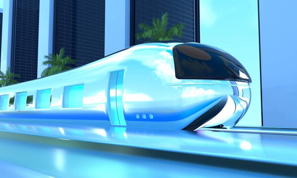 Future high levitation speed train robotic vacuum systems in automatically   process. Tunel stop station. Modern Smart capsule transport. intuitive design from future time. 3d render