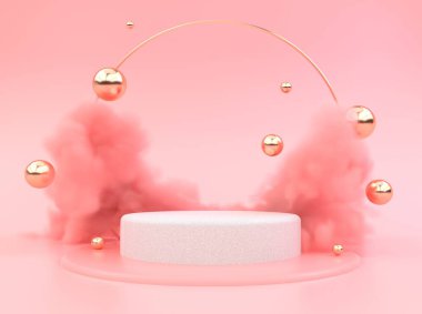 Harika sis bulutu ve mermer taşlı güzellik podyumu. Moda arka planında yayalar. Pembe Studia renk paleti, altın top desenli. 3D sahne.