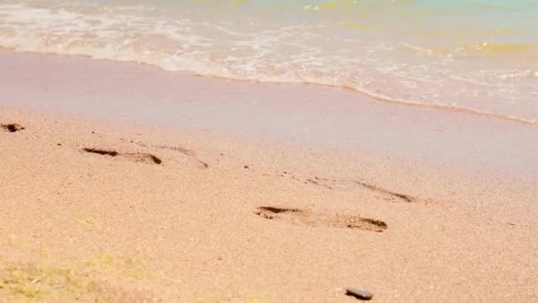 Voetafdrukken Van Mensen Zandkust Van Zwarte Zee Zonnig Weer — Stockvideo