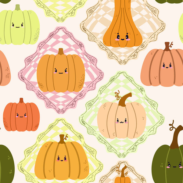 A seamless pattern of cute autumn pumpkins in checkered frames, in a cartoon style. Perfect for Thanksgiving wallpaper, holiday textiles. A whimsical ornament.