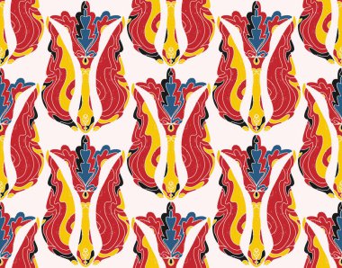 Dekoratif çiçekler ve folklorik sanat tarzında yapraklarla kusursuz çiçek deseni. Geleneksel motiflerden esinlenilmiş klasik süsleme baskısı. Tekstil, duvar kâğıtları ve kırtasiye malzemeleri için mükemmel..