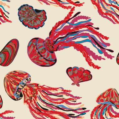 Deniz hayvanları kusursuz bir yol izlerler. Parlak zarif renkli desenli denizanası.