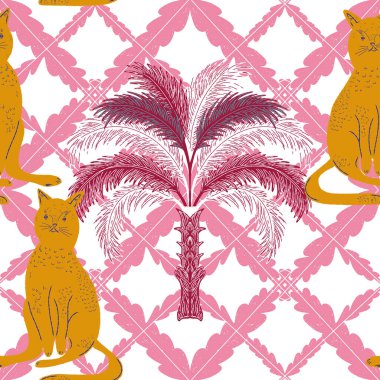 Avuçlar ve kediler. Egzotik, tropik, pürüzsüz desen. Eskiz ögeleri ile modern retro biçimi.
