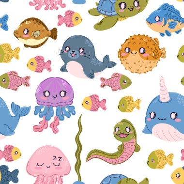 Seamless sea pattern. Cute kawaii flat illustrations of sea creatures and fish. Perfect for children's projects, wallpaper, and fabric prints