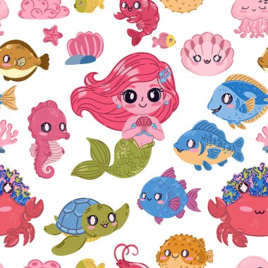 Seamless sea pattern. Cute kawaii flat illustrations of sea creatures and fish. Perfect for children's projects, wallpaper, and fabric prints