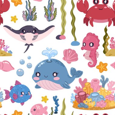 Seamless sea pattern. Cute kawaii flat illustrations of sea creatures and fish. Perfect for children's projects, wallpaper, and fabric prints