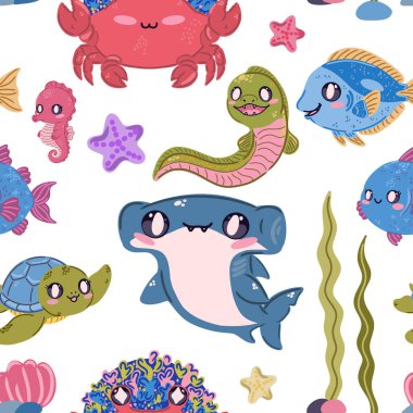 Seamless sea pattern. Cute kawaii flat illustrations of sea creatures and fish. Perfect for children's projects, wallpaper, and fabric prints