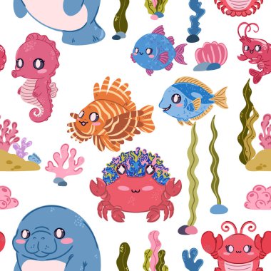 Seamless sea pattern. Cute kawaii flat illustrations of sea creatures and fish. Perfect for children's projects, wallpaper, and fabric prints