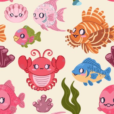 Seamless sea pattern. Cute kawaii flat illustrations of sea creatures and fish. Perfect for children's projects, wallpaper, and fabric prints
