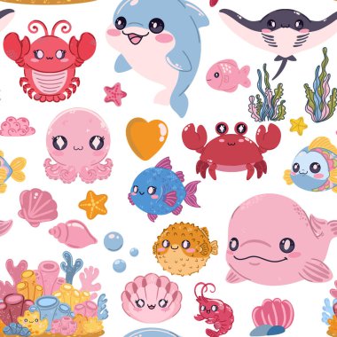 Seamless sea pattern. Cute kawaii flat illustrations of sea creatures and fish. Perfect for children's projects, wallpaper, and fabric prints