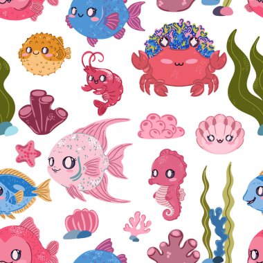 Seamless sea pattern. Cute kawaii flat illustrations of sea creatures and fish. Perfect for children's projects, wallpaper, and fabric prints