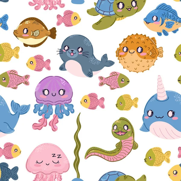 Seamless sea pattern. Cute kawaii flat illustrations of sea creatures and fish. Perfect for children's projects, wallpaper, and fabric prints