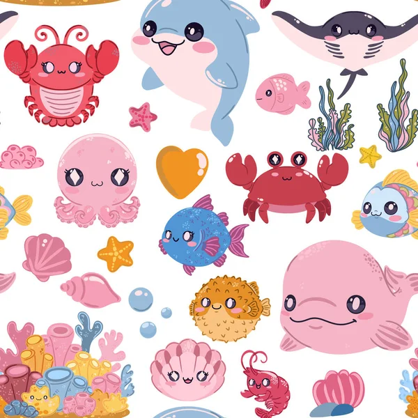 Seamless sea pattern. Cute kawaii flat illustrations of sea creatures and fish. Perfect for children's projects, wallpaper, and fabric prints
