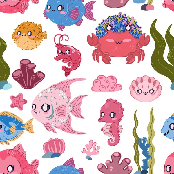 Seamless sea pattern. Cute kawaii flat illustrations of sea creatures and fish. Perfect for children's projects, wallpaper, and fabric prints