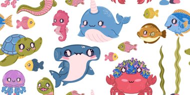 Seamless sea pattern. Cute kawaii flat illustrations of sea creatures and fish. Perfect for children's projects, wallpaper, and fabric prints