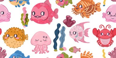 Seamless sea pattern. Cute kawaii flat illustrations of sea creatures and fish. Perfect for children's projects, wallpaper, and fabric prints