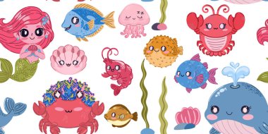 Seamless sea pattern. Cute kawaii flat illustrations of sea creatures and fish. Perfect for children's projects, wallpaper, and fabric prints